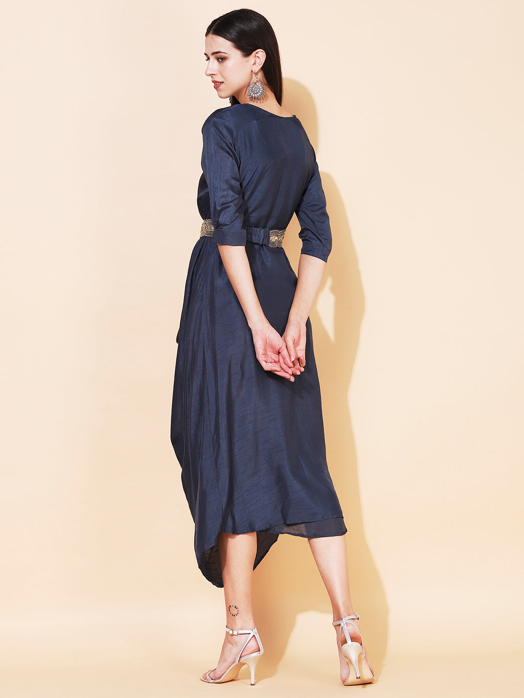 Solid Cowl Midi Dress with Hand Embroidered Belt - Navy Blue