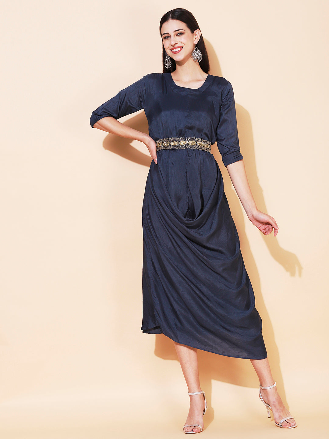 Solid Cowl Midi Dress with Hand Embroidered Belt - Navy Blue