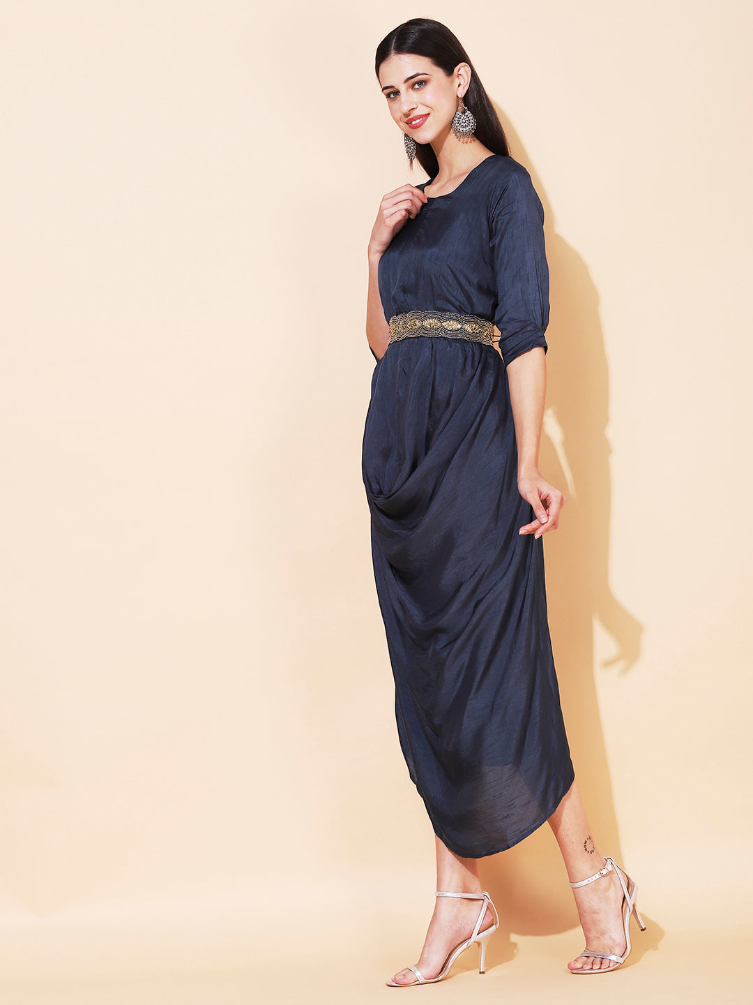 Solid Cowl Midi Dress with Hand Embroidered Belt - Navy Blue