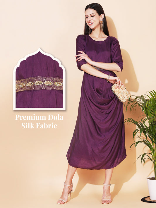 Solid Cowl Midi Dress with Hand Embroidered Belt - Purple