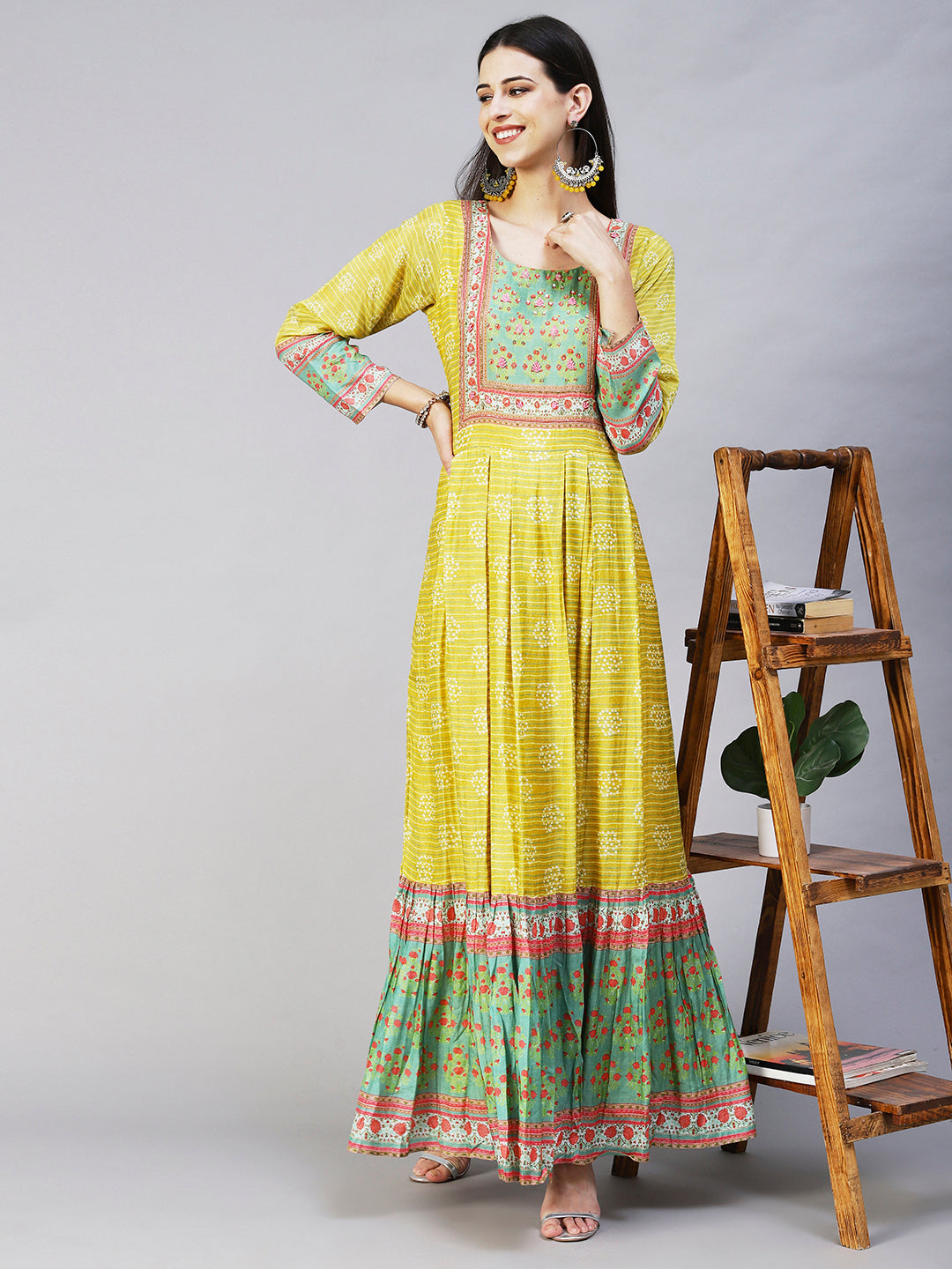 Abstract Stripes Printed Hand Embroidered Pleated Maxi Dress - Lime Green