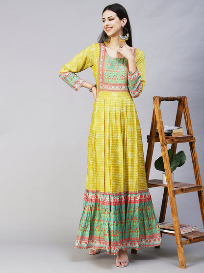 Abstract Stripes Printed Hand Embroidered Pleated Maxi Dress - Lime Green