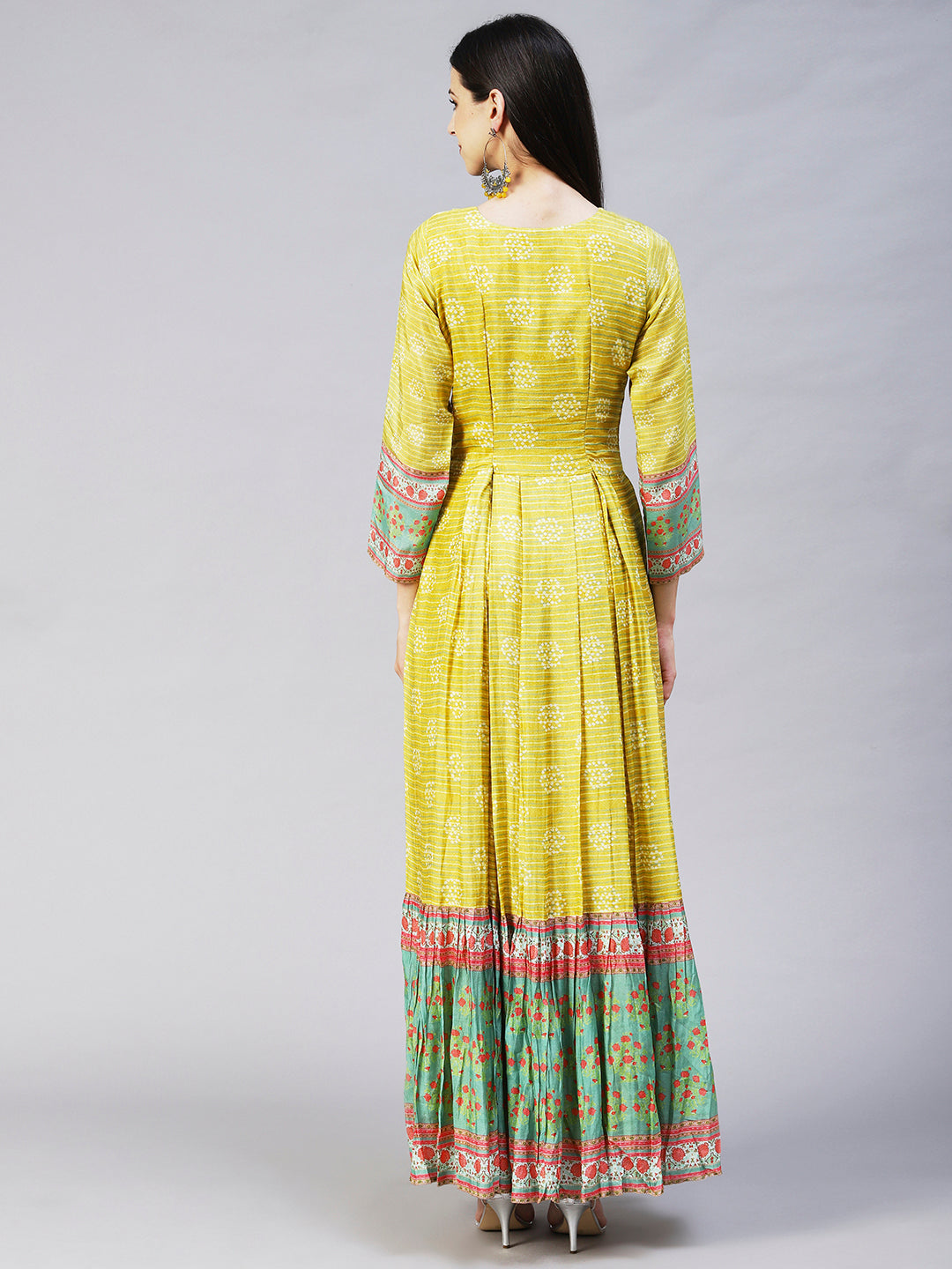 Abstract Stripes Printed Hand Embroidered Pleated Maxi Dress - Lime Green