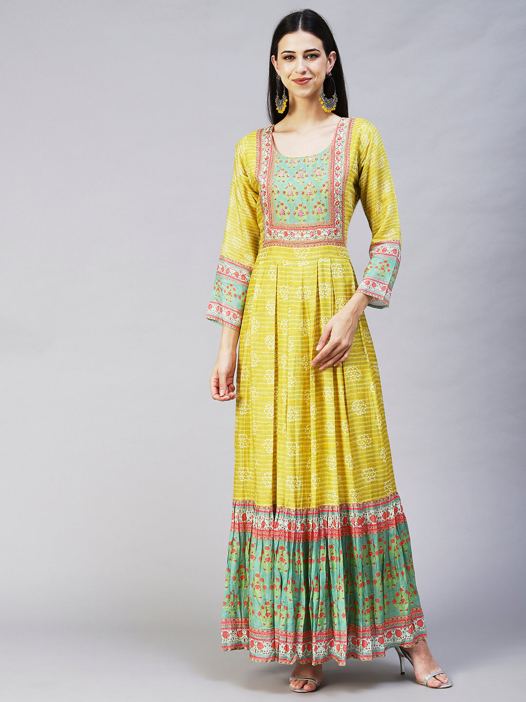 Abstract Stripes Printed Hand Embroidered Pleated Maxi Dress - Lime Green