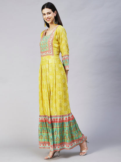 Abstract Stripes Printed Hand Embroidered Pleated Maxi Dress - Lime Green