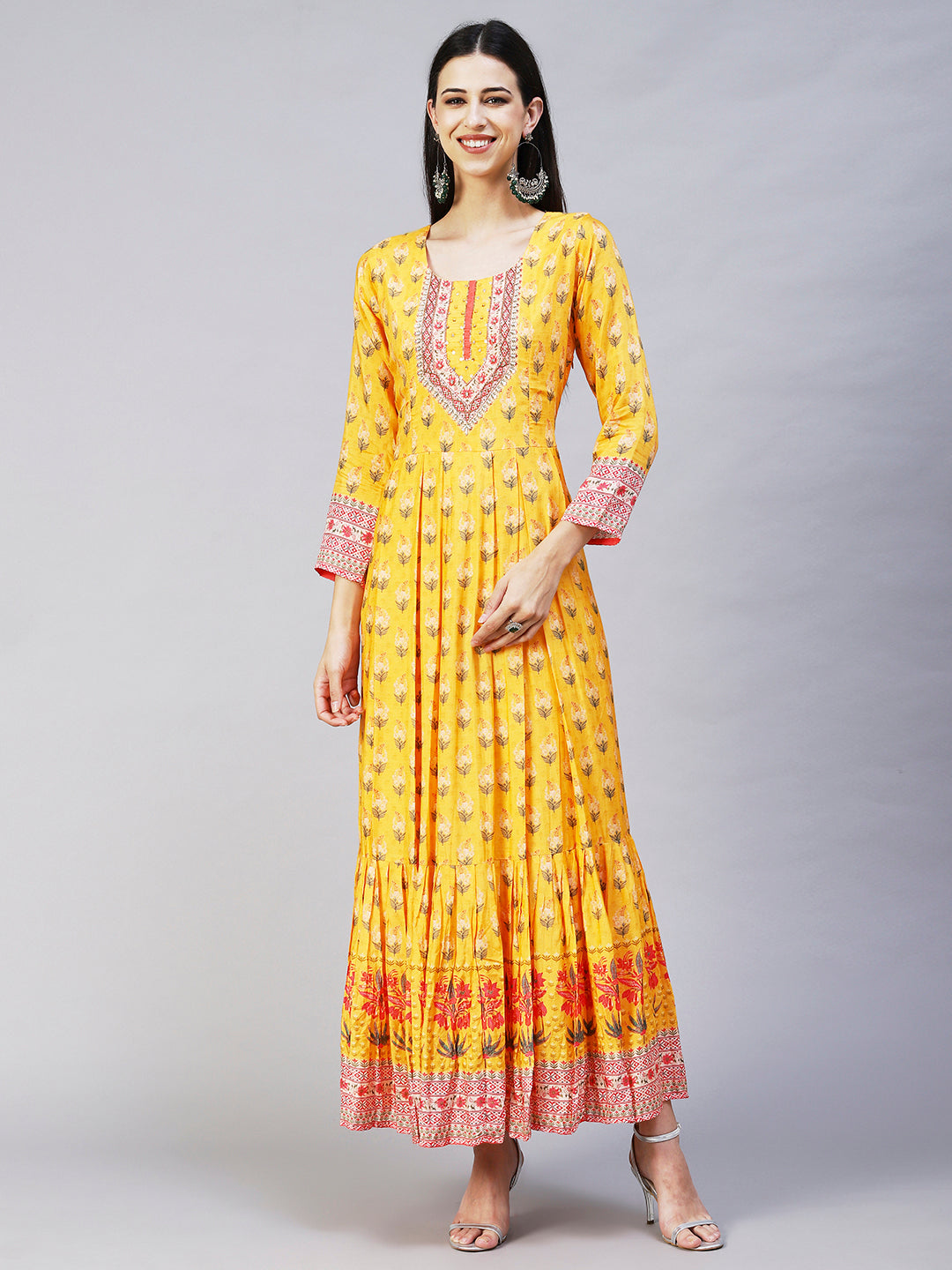 Floral Printed Hand Embroidered Pleated Maxi Dress Yellow – FASHOR