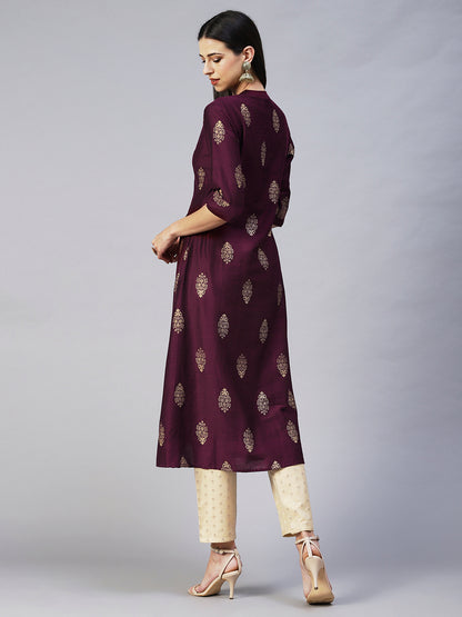 Ethnic Printed A-Line Kurta - Magenta