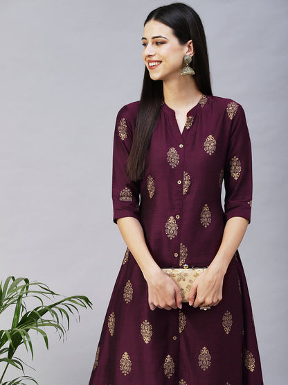 Ethnic Printed A-Line Kurta - Magenta