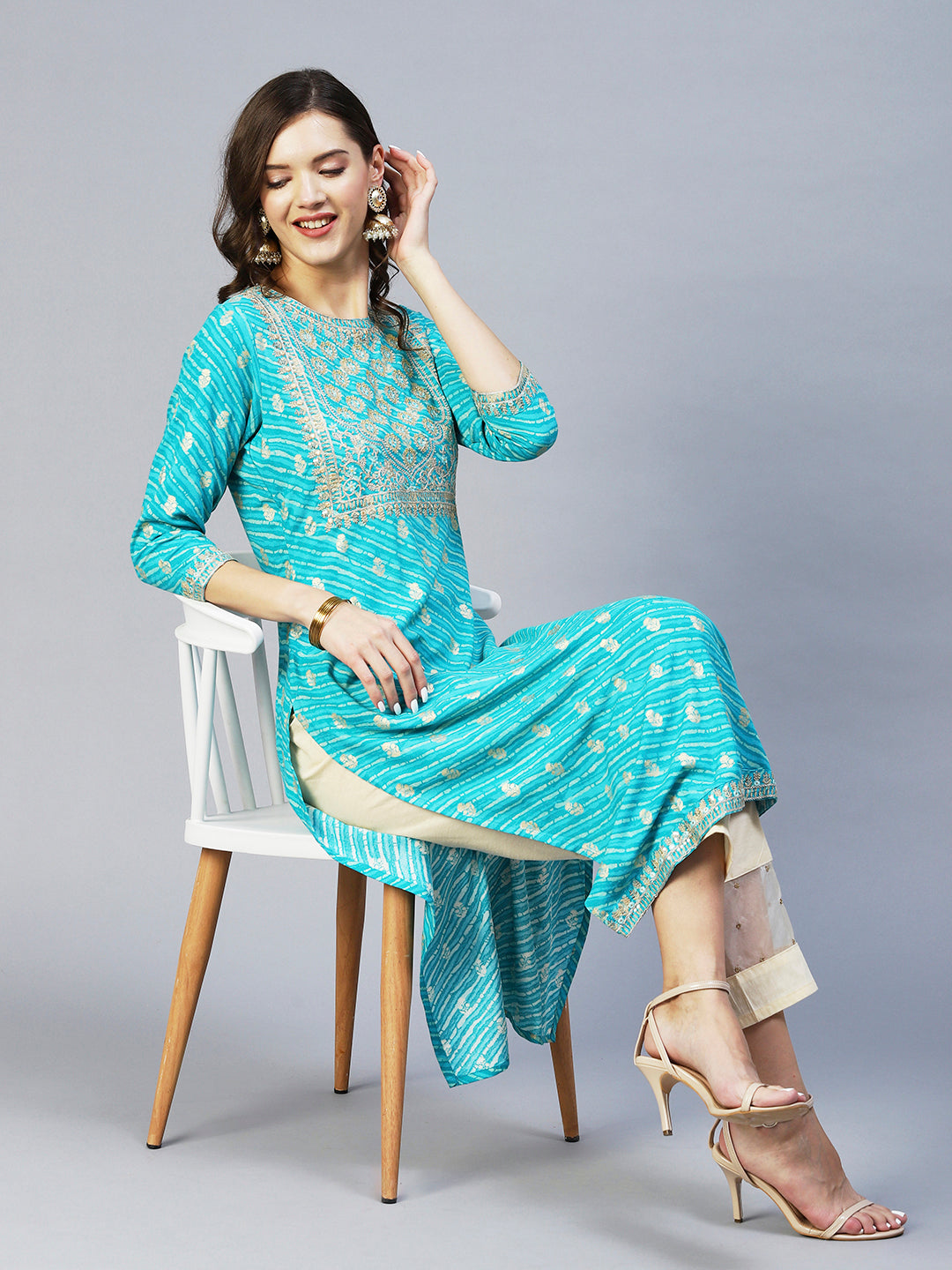 Leheriya Printed & Embroidered Straight Fit Kurta - Turquoise