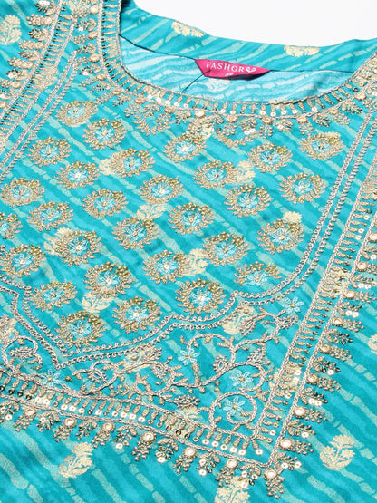 Leheriya Printed & Embroidered Straight Fit Kurta - Turquoise