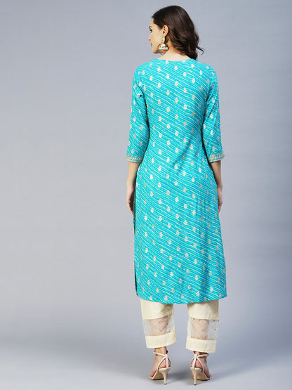 Leheriya Printed & Embroidered Straight Fit Kurta - Turquoise