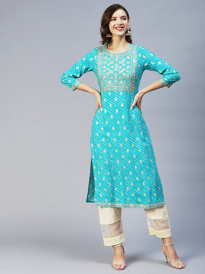 Leheriya Printed & Embroidered Straight Fit Kurta - Turquoise