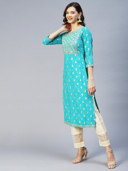 Leheriya Printed & Embroidered Straight Fit Kurta - Turquoise