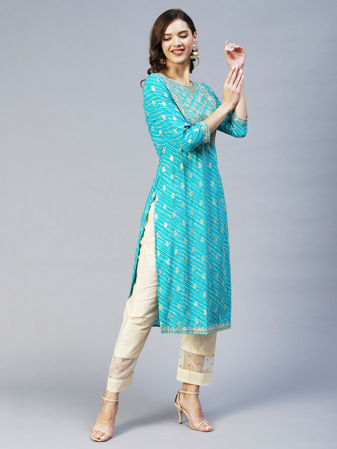 Leheriya Printed & Embroidered Straight Fit Kurta - Turquoise