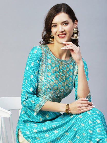 Leheriya Printed & Embroidered Straight Fit Kurta - Turquoise