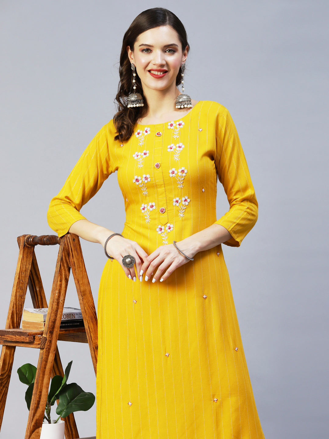 Woven Stripes & Hand Embroidered Straight Fit Kurta – Yellow