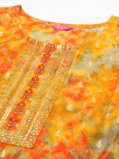 Ethnic Printed & Embroidered Straight Fit Kurta & Dupatta - Yellow