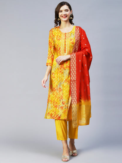 Ethnic Printed & Embroidered Straight Fit Kurta & Dupatta - Yellow