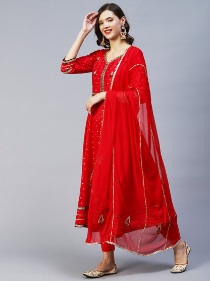 Ethnic Woven & Hand Embroidered Kurta with Pant & Dupatta - Red
