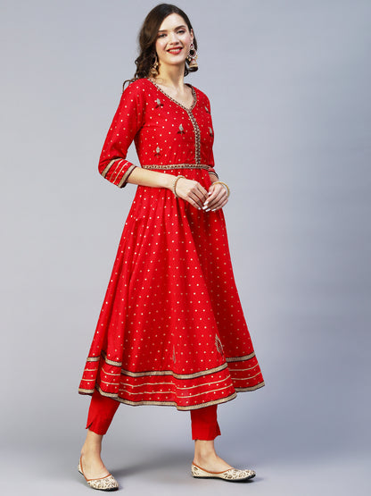 Ethnic Woven & Hand Embroidered Kurta with Pant & Dupatta - Red