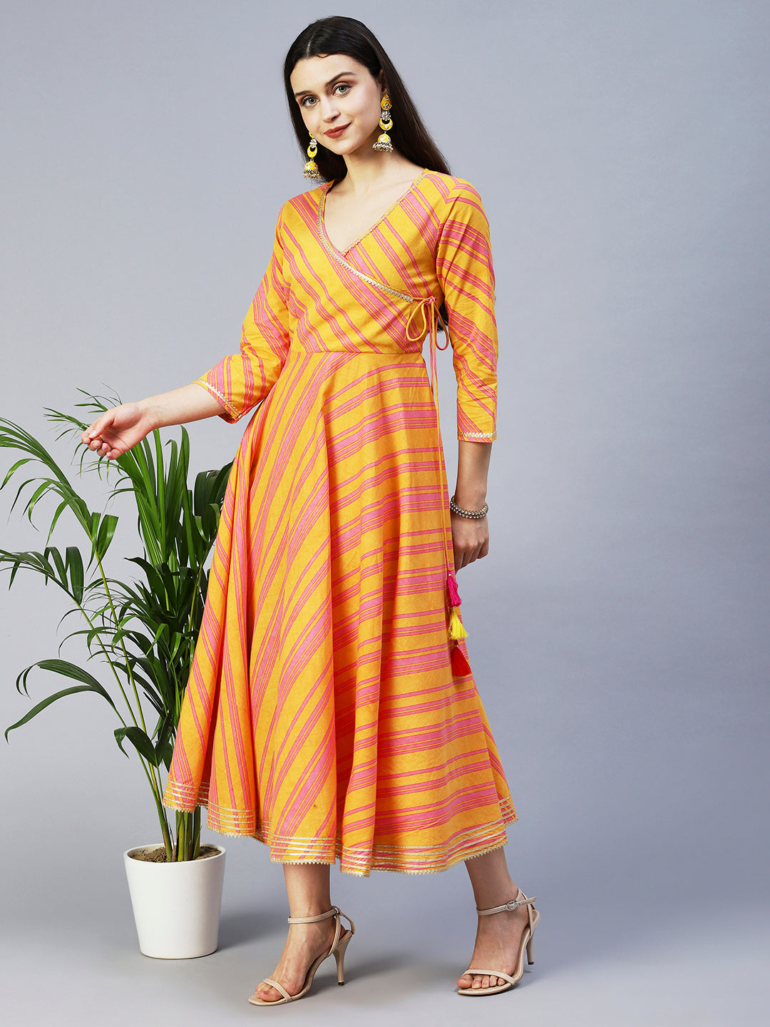 Lehriya Printed Angarakha Style Dress - Mustard