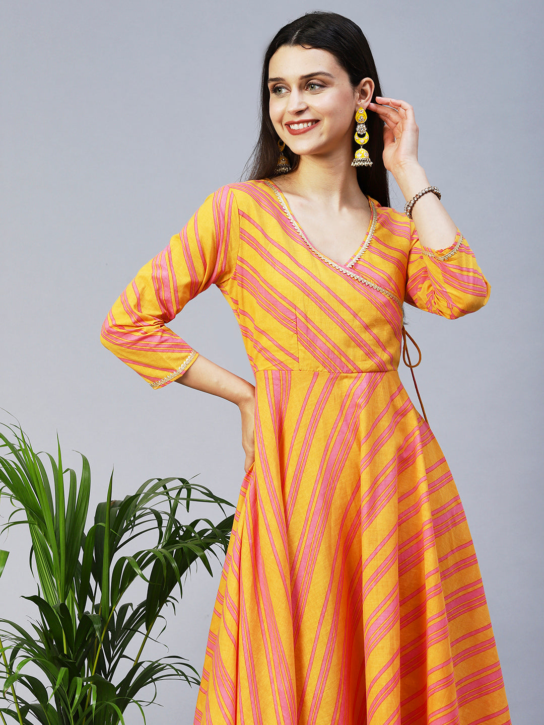 Lehriya Printed Angarakha Style Dress - Mustard