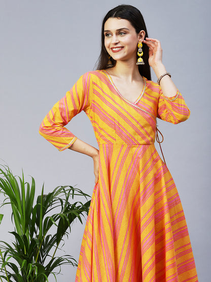 Lehriya Printed Angarakha Style Dress - Mustard
