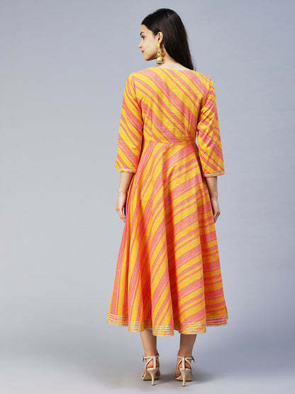 Lehriya Printed Angarakha Style Dress - Mustard