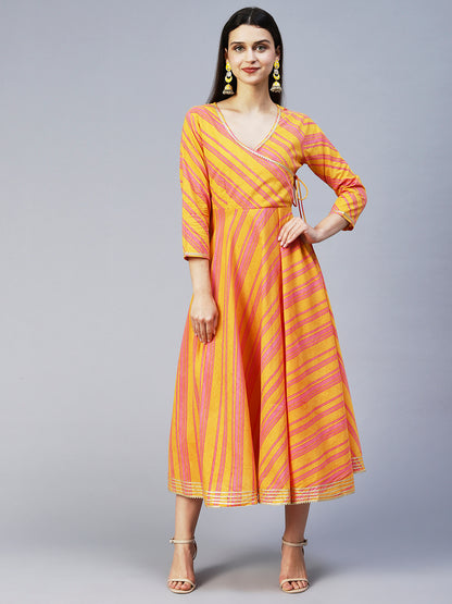 Lehriya Printed Angarakha Style Dress - Mustard