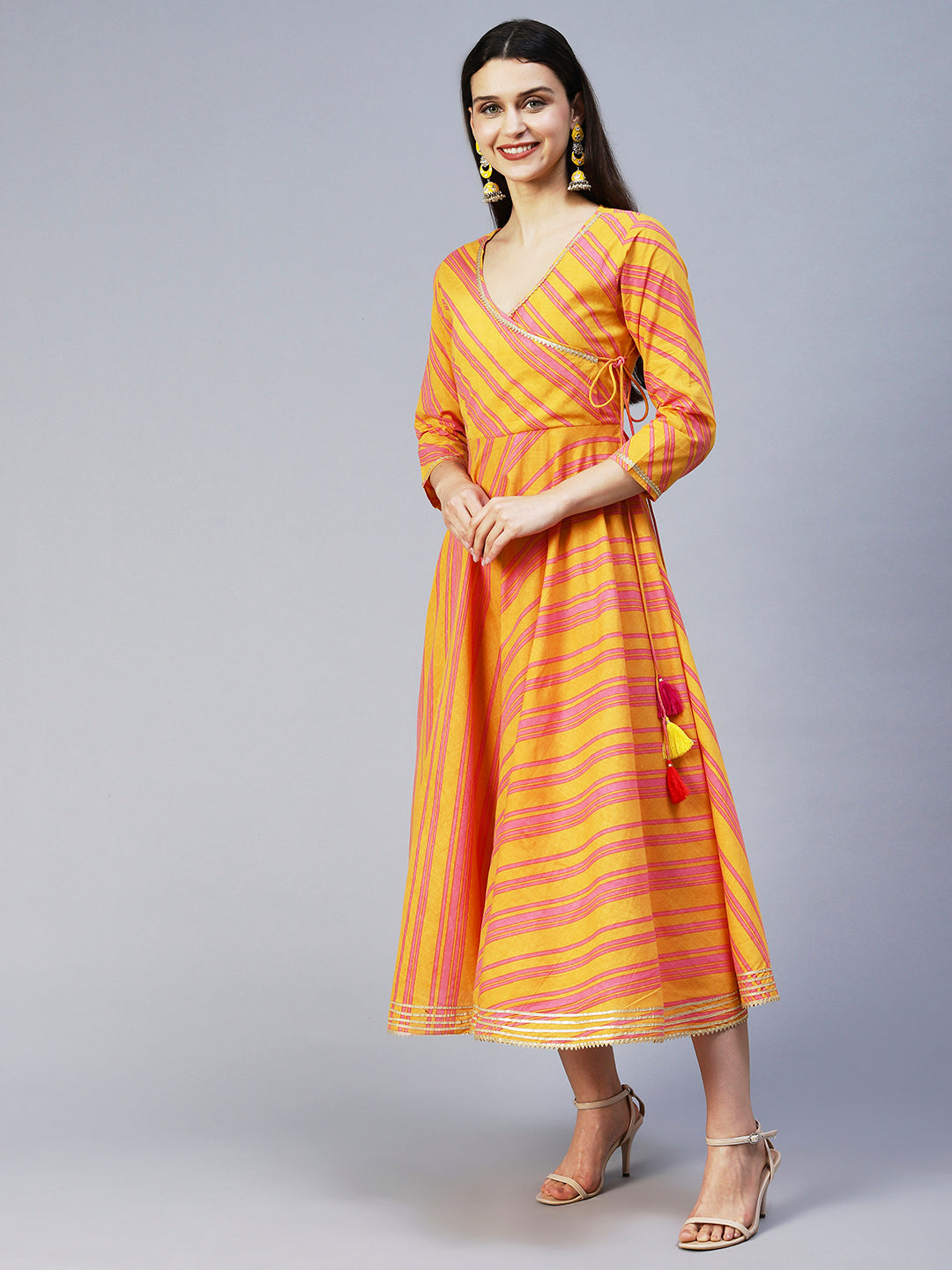 Lehriya Printed Angarakha Style Dress - Mustard