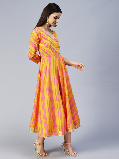Lehriya Printed Angarakha Style Dress - Mustard