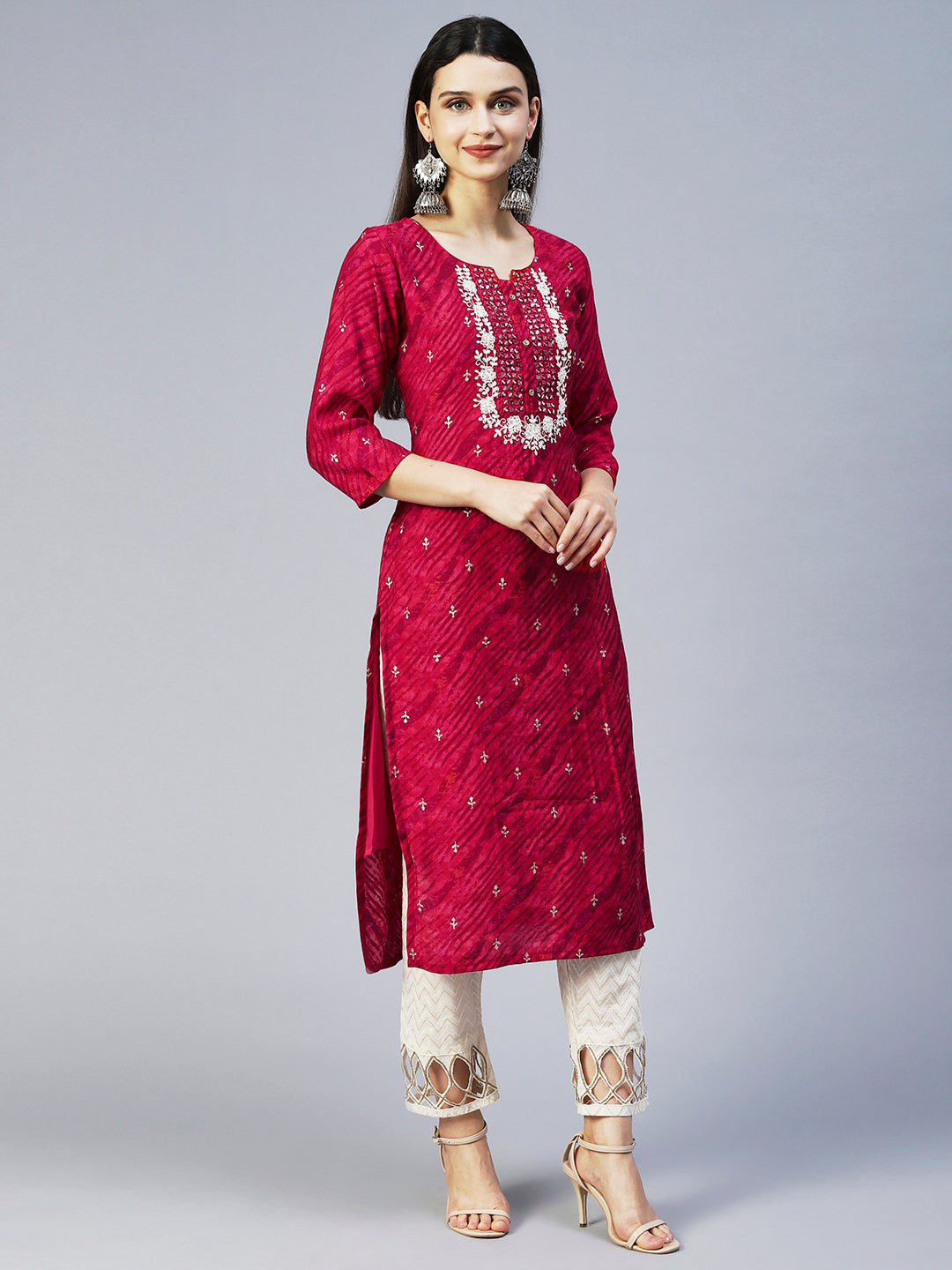 Leheriya Printed & Embroidered Straight Fit Kurta - Magenta Pink – FASHOR