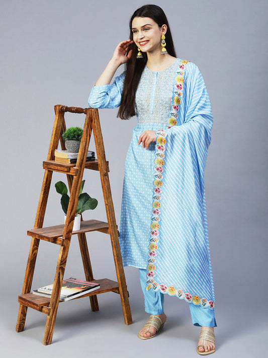 Bandhani Printed & Embroidered Kurta with Pant & Dupatta - Light Blue