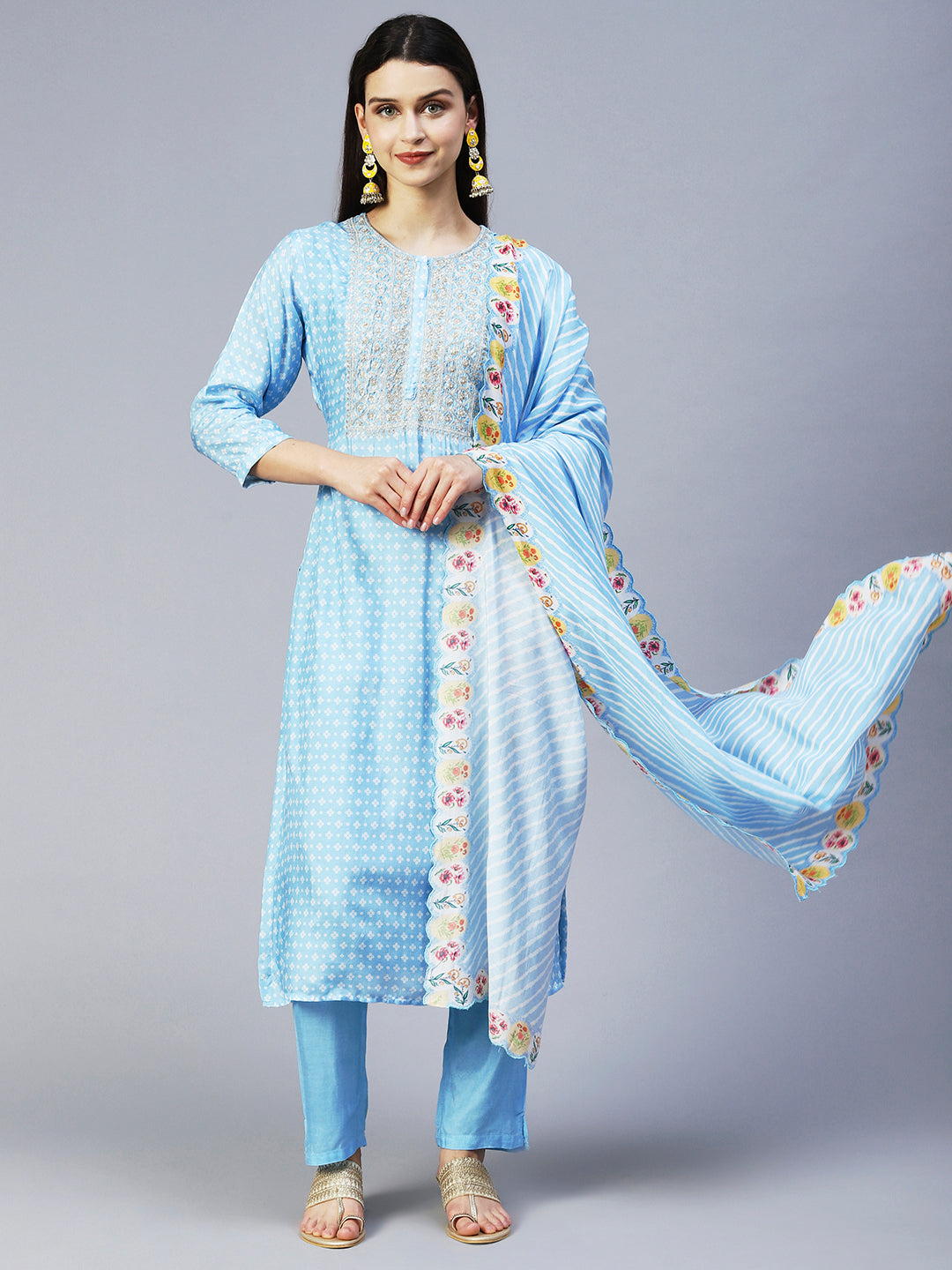 Bandhani Printed & Embroidered Kurta with Pant & Dupatta - Light Blue