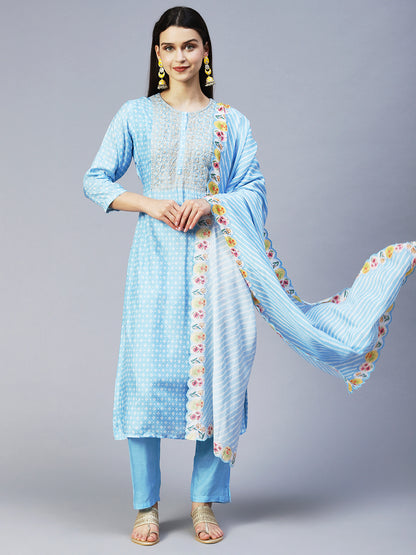Bandhani Printed & Embroidered Kurta with Pant & Dupatta - Light Blue