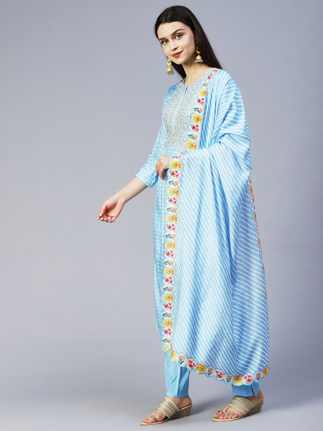 Bandhani Printed & Embroidered Kurta with Pant & Dupatta - Light Blue