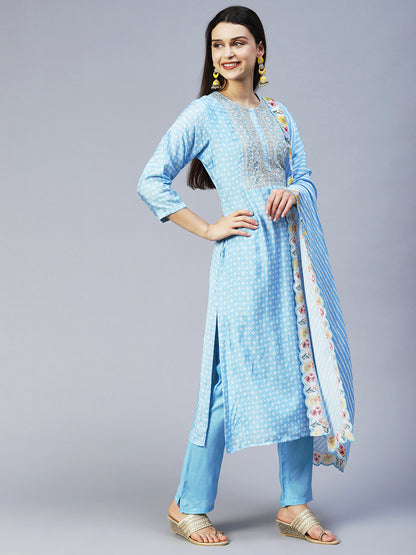 Bandhani Printed & Embroidered Kurta with Pant & Dupatta - Light Blue