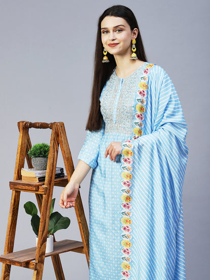 Bandhani Printed & Embroidered Kurta with Pant & Dupatta - Light Blue