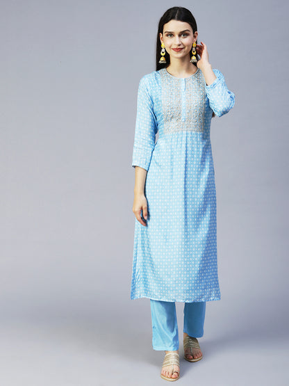 Bandhani Printed & Embroidered Kurta with Pant & Dupatta - Light Blue