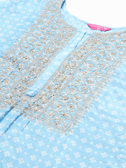 Bandhani Printed & Embroidered Kurta with Pant & Dupatta - Light Blue