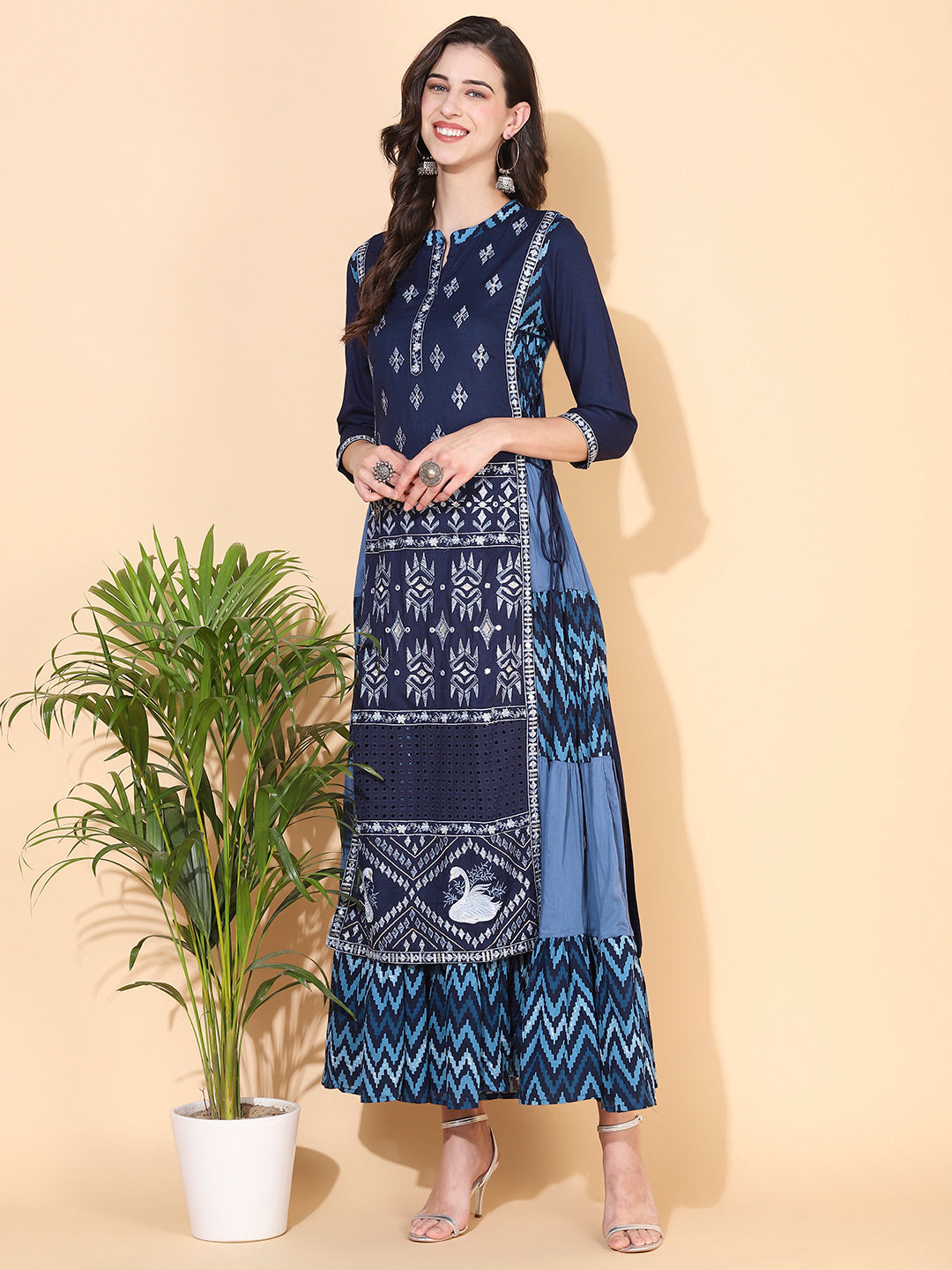 Ethnic Printed & Embroidered Tiered Flared Maxi Dress - Blue