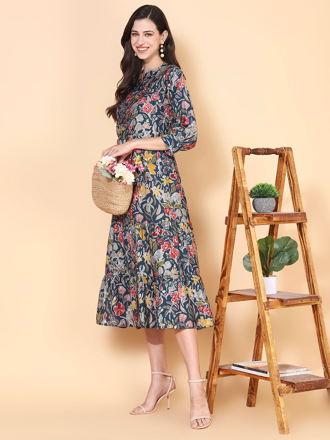 Floral Printed & Sequins Ornamented Tiered Kurta - Blue