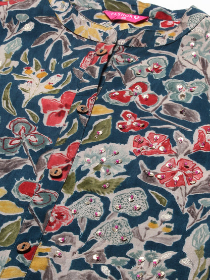 Floral Printed & Sequins Ornamented Tiered Kurta - Blue