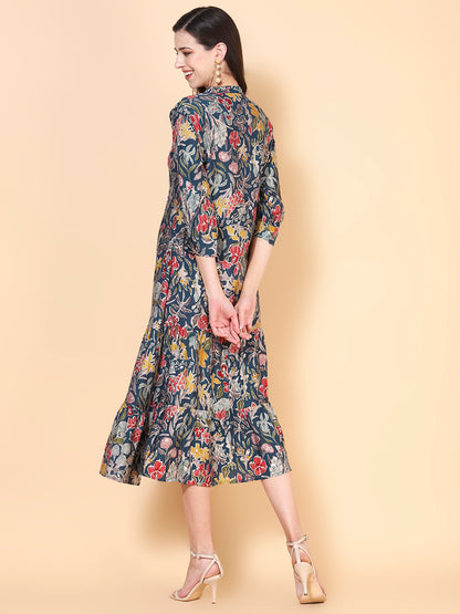 Floral Printed & Sequins Ornamented Tiered Kurta - Blue