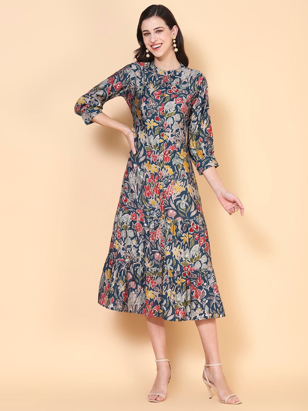 Floral Printed & Sequins Ornamented Tiered Kurta - Blue