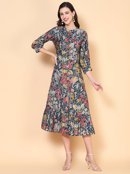 Floral Printed & Sequins Ornamented Tiered Kurta - Blue