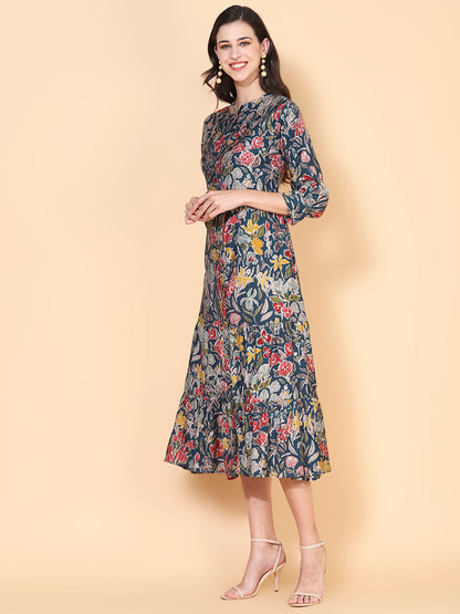 Floral Printed & Sequins Ornamented Tiered Kurta - Blue