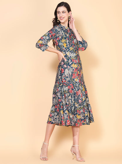 Floral Printed & Sequins Ornamented Tiered Kurta - Blue