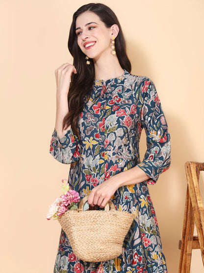Floral Printed & Sequins Ornamented Tiered Kurta - Blue