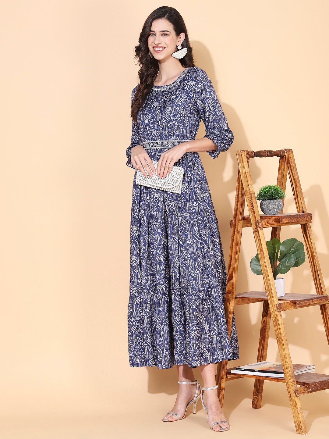 Floral Printed & Hand Embroidered Tiered Flared Maxi Dress - Blue